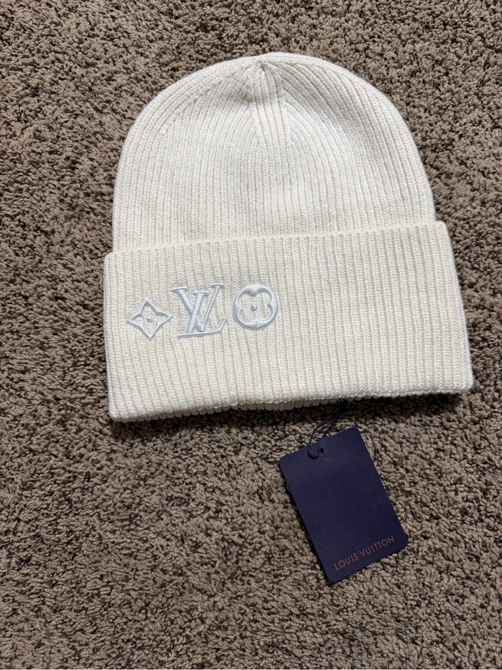 Louis Vuitton Cream Ribbed Cuffed Logo Beanie